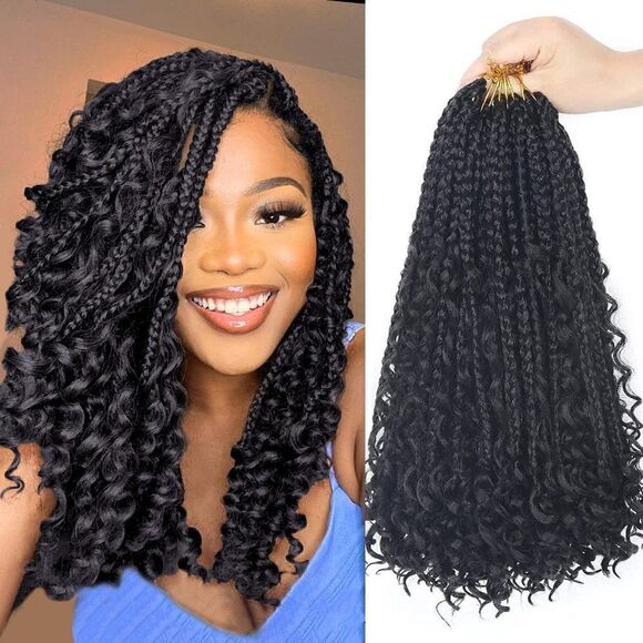 8 Packs  Boho Box Braids Crochet Hair With Curly Ends 14 Inch #1b  FR8 - Picture 1 of 9